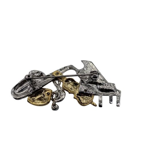 Classic Music Notes Pin With Piano Saxophone & Drum Charms Silver/Gold Unisex - Picture 4 of 5